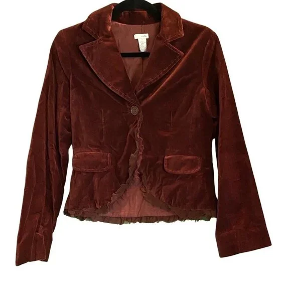 Anthropologie Odille Notched Collar Ruffle Trim Rust Velvet Blazer Size 4 - Picture 4 of 5